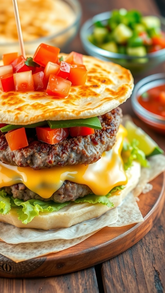 A quesadilla smash burger with a crispy tortilla, juicy beef patty, and fresh toppings on a wooden table.